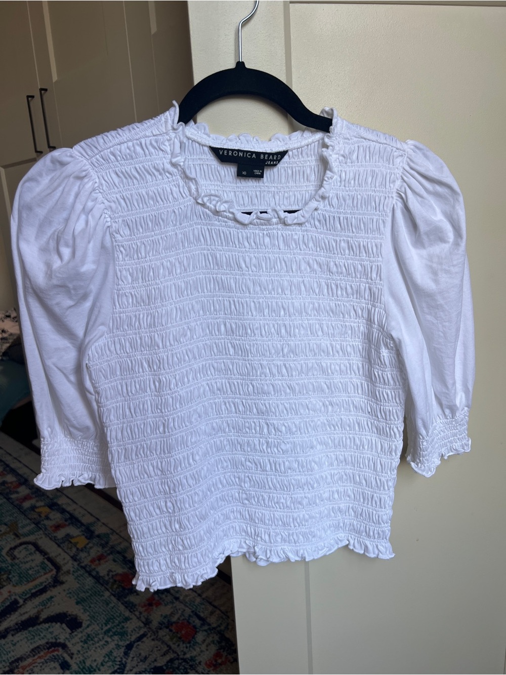 Veronica Beard Langston Fully Smocked Puff Sleeve Top in White - Size XS